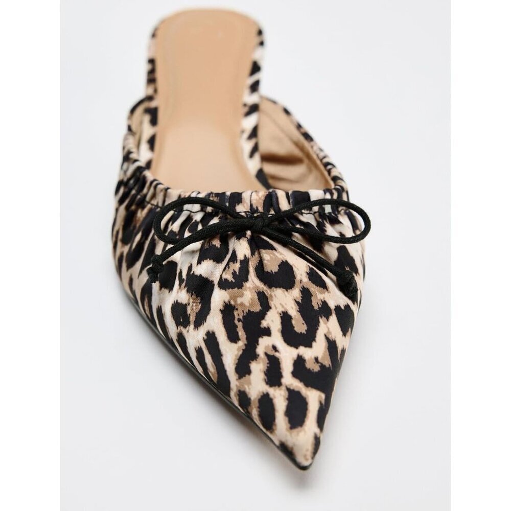 Women's Leopard Slip On Mules Backless Low Heel Pumps Kitten Heel Bow Mules - Picture 3 of 5